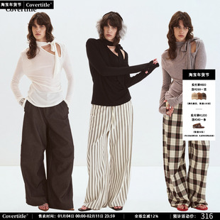 Covertitle 天丝绵羊毛斜肩不规则抽褶飘带针织上衣