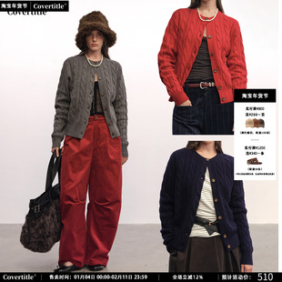 Covertitle 100%绵羊毛系列圆领绞花针织开衫外套