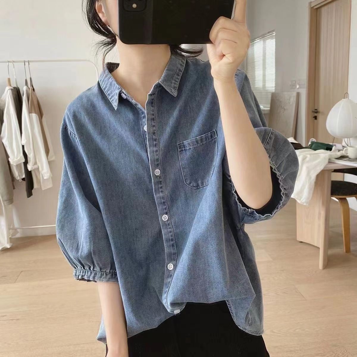 灯笼袖牛仔衬衫女夏季新