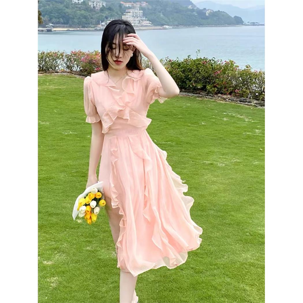 温柔V领连衣裙女海边法式