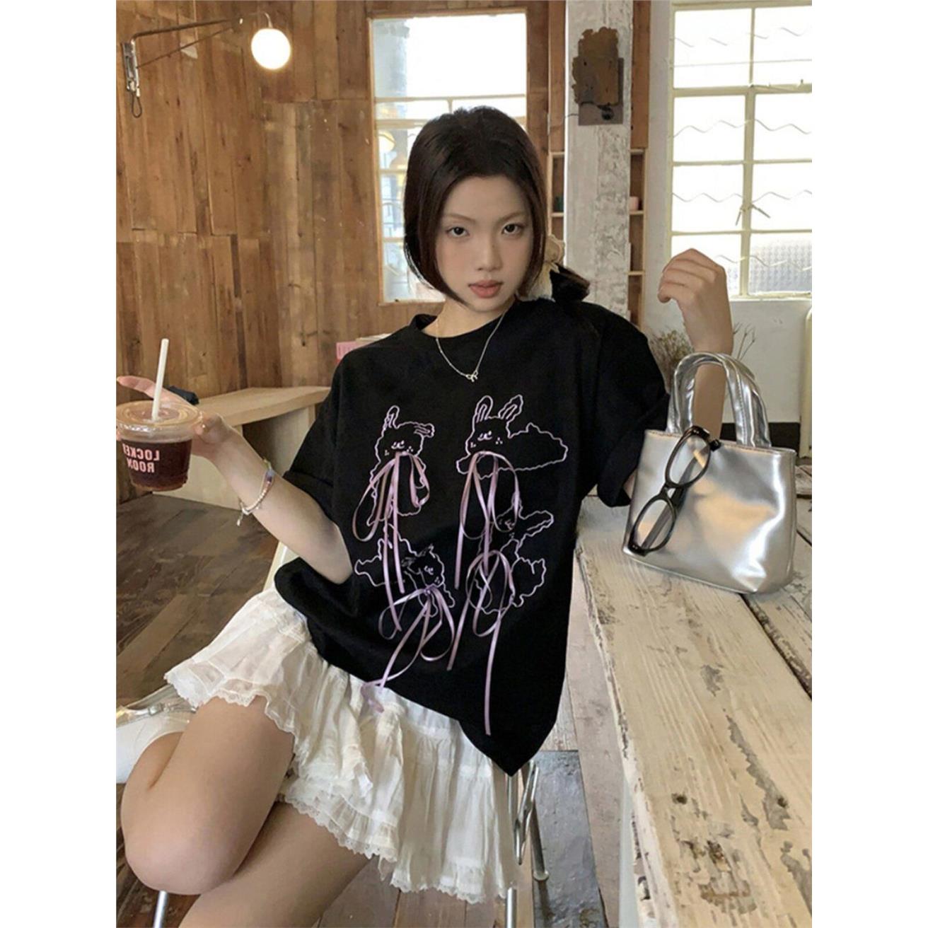 甜美兔子系带蝴蝶结短袖T
