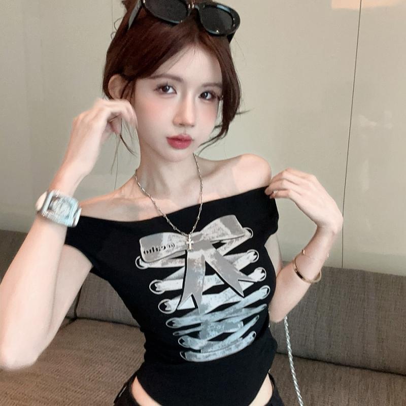 蝴蝶结印花美式黑色短袖t