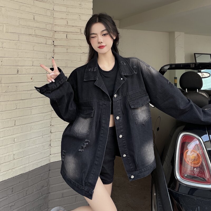 黑色牛仔外套女春秋港风