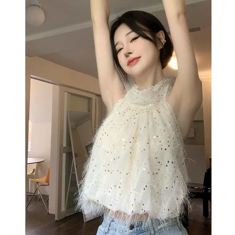 杏色挂脖背心吊带女夏季