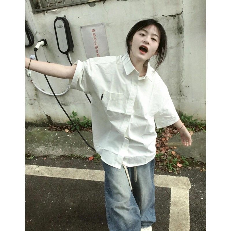 日系风半袖白衬衫女初春
