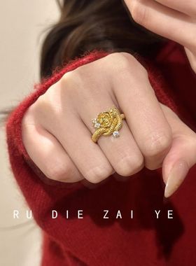 桃思竹 玫瑰与蛇 中古灵蛇缠绕玫瑰锆石微镶戒指本命年蛇年开口戒