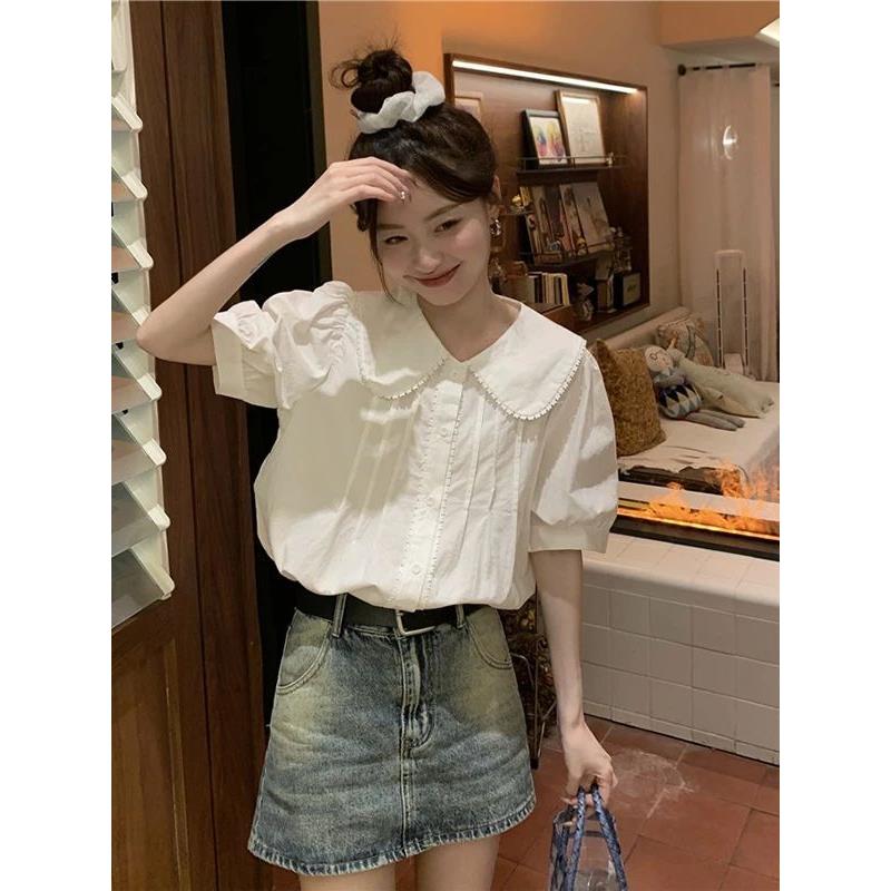 白色短袖纯棉衬衫女夏季