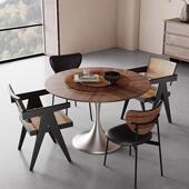 奶油系实木604圆钢形餐桌椅子0225新款 不锈法式 古中古风小户型家