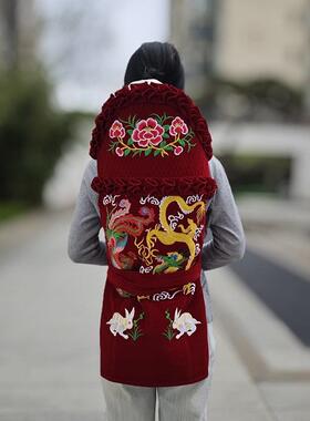 云南10058611传老式带婴儿宝贵州背扇红色绣花背被后背统式背背带