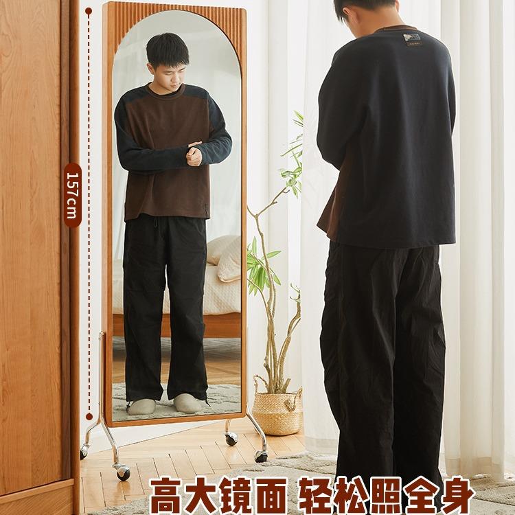 杂志架全身镜推拉可移动旋转落地樱桃木复古实木书架穿衣试衣镜子