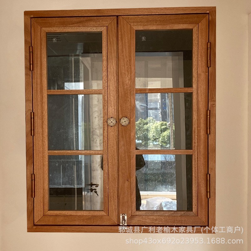 老榆木窗户框平推折叠窗实木窗户框酒店折叠复古门窗做旧上翻窗框