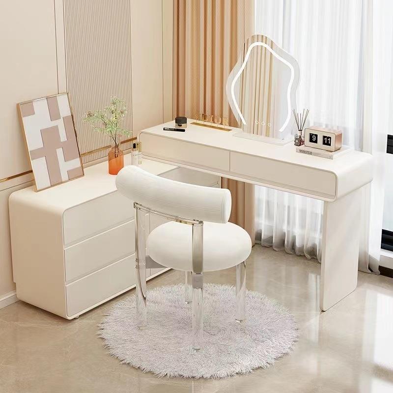 V林7实木奶角风梳妆台LCA斗化柜一体可伸缩转柜妆桌卧室网红烤油