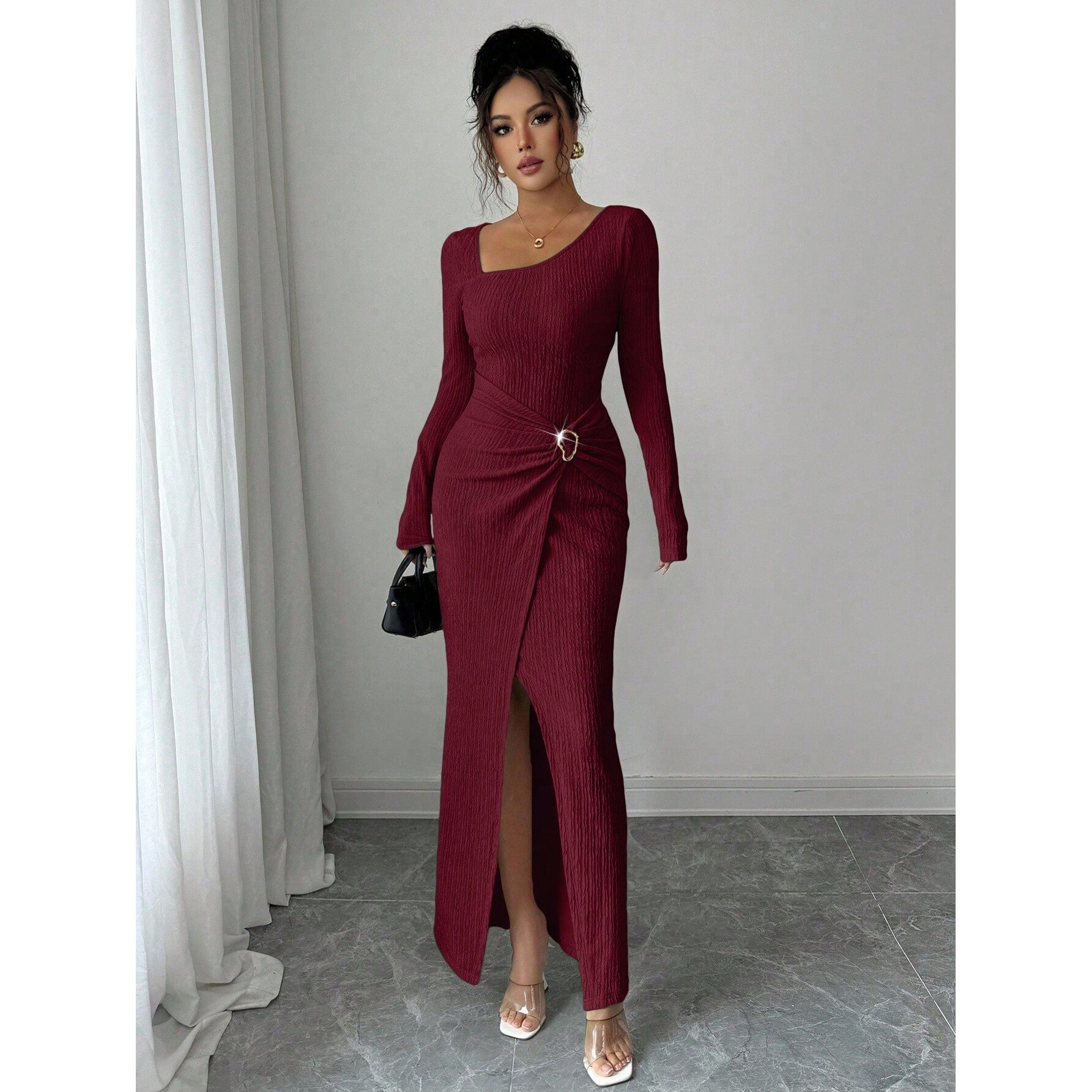 欧美跨境亚马逊2025秋冬新款不规则领口纯色针织纹理长款连衣裙女