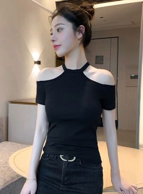 黑色螺纹一字肩挂脖短袖夏季修身显瘦设计感紧身露肩小众打底衫女