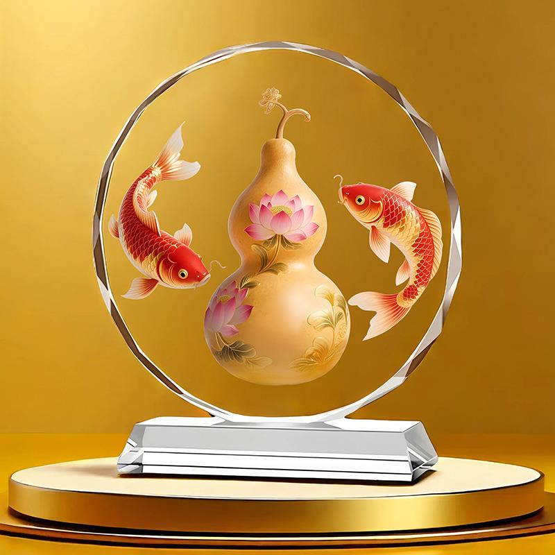 葫芦锦鲤水晶摆件福禄双全乔迁送礼客厅酒柜工艺摆台招财锦鲤桌面