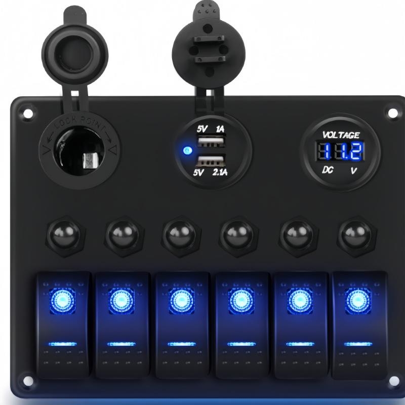 6位防水面板开关船用断路器12-24V数字电压表测试仪灯切换双USB