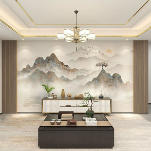高级感山水画墙布客厅沙发背景墙卧室轻奢意境无缝浮雕壁画 新中式