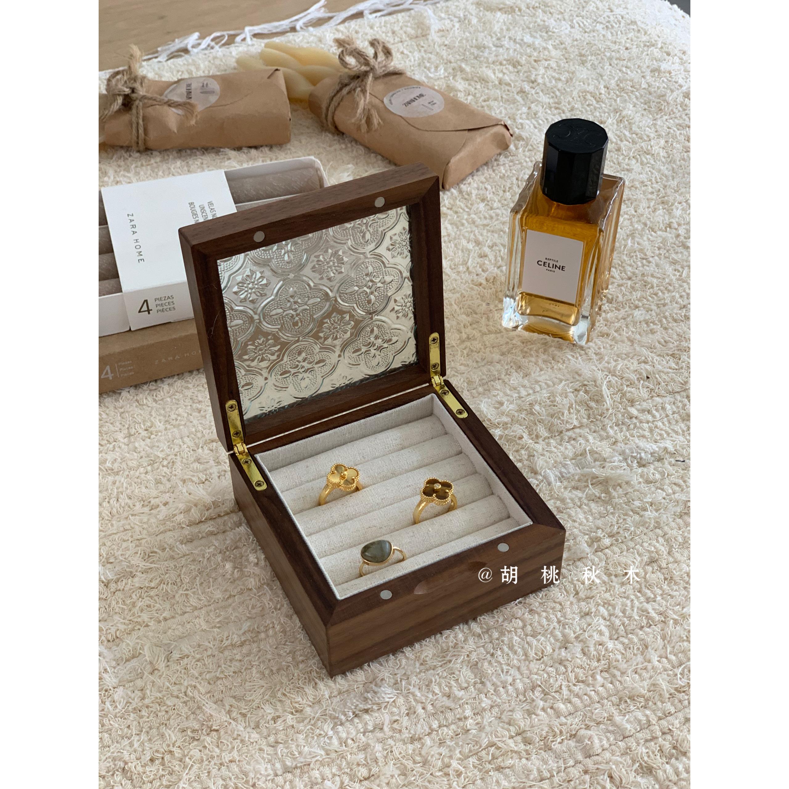 可携式木质首饰盒实木饰品盒玻璃收纳戒指项炼耳饰覆古戒指盒礼盒