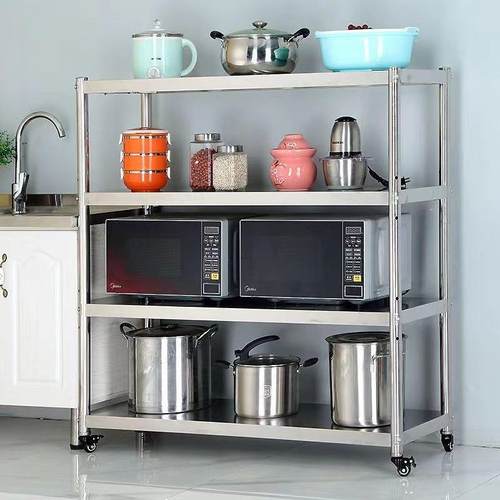 不锈钢厨房置物架带轮子三层可移动微波炉烤箱多层滑轮架子彭锐