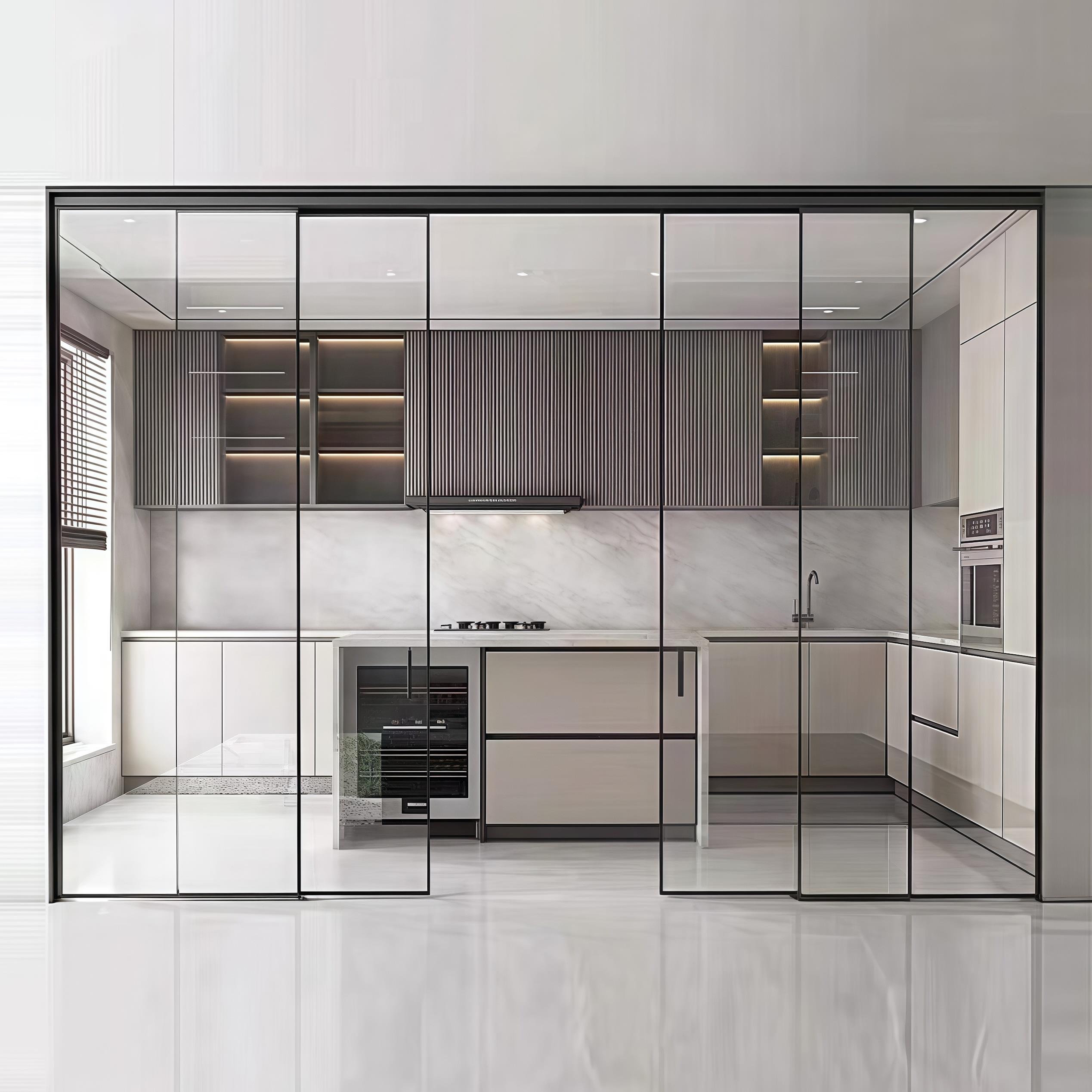 完美系统三四联动推拉门厨房阳台卫生间极窄吊轨超白玻璃无下轨