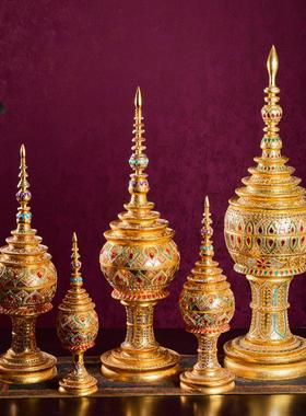 泰国佛塔摆件装饰工艺品实木挖空宝塔收纳酒店民宿会所泰式软装