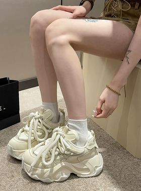 LAZY BONS厚底老爹鞋女2025年春季新款增高系带休闲鞋运动老爹鞋