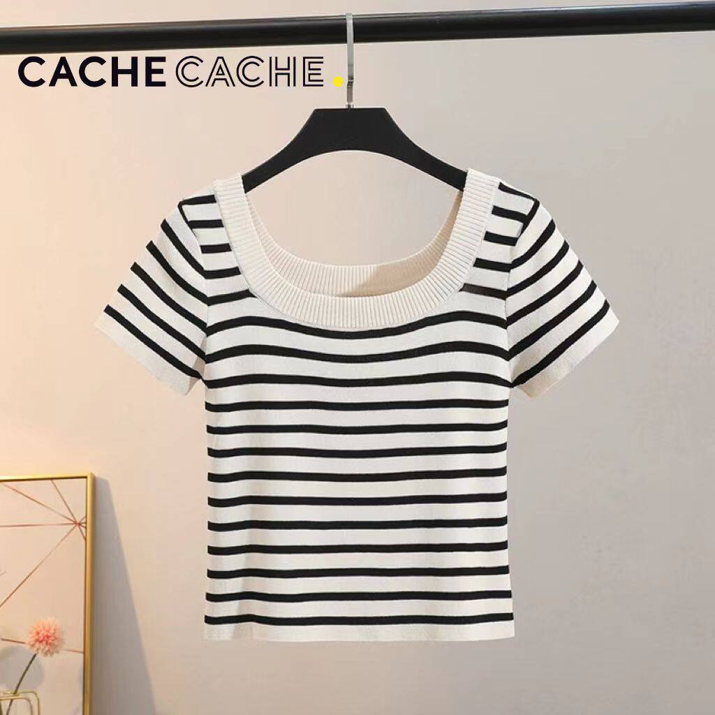 CACHE CACHE条纹t恤女夏2024年爆款洋气显瘦短袖u领冰丝针织上衣