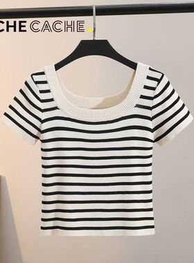 CACHE CACHE条纹t恤女夏2024年爆款洋气显瘦短袖u领冰丝针织上衣