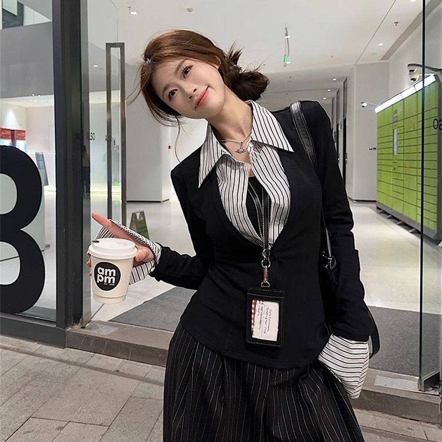 美式条纹拼接假两件长袖针织衫女冬季修身收腰设计感内搭短款上衣