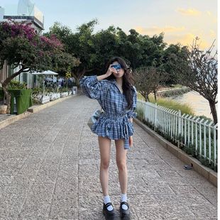 纯欲甜美套装女春季复古蓝色格子衬衫上衣辣妹花苞蓬蓬裙子两件套