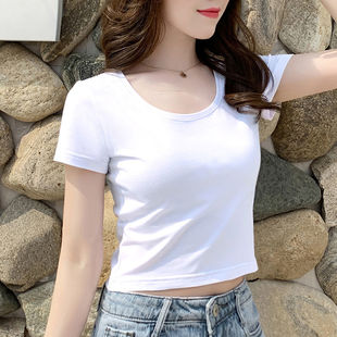纯棉白色短袖t恤女夏天薄款小个子短款修身上衣女士打底体恤小衫