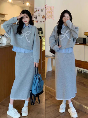 女装时尚套装2025春季长袖POLO领卫衣高腰包臀半裙两件套