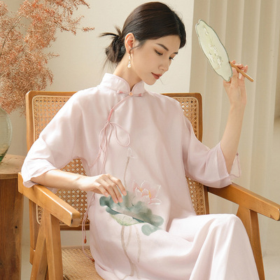 女装袖真丝素绉缎莫兰迪灰优雅典雅气质温婉刺绣旗袍复古