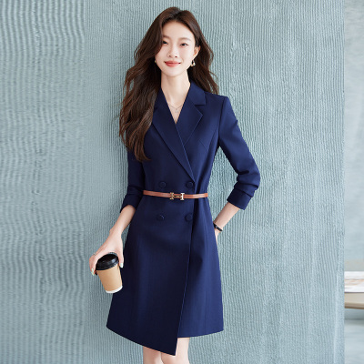 时尚韩版气质西装领连衣裙女2024秋装修身双排扣简约干练职业裙子