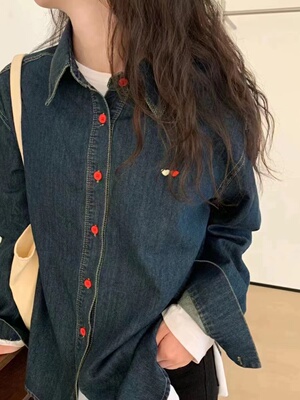 韩货爱心刺绣牛仔衬衫2024春款蓝色POLO领女上衣内搭宽松百搭衬衣