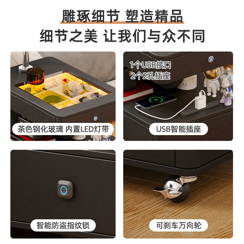 轻奢高级感黑色可k旋转床头柜主卧移动电脑桌置物架带轮升降床边