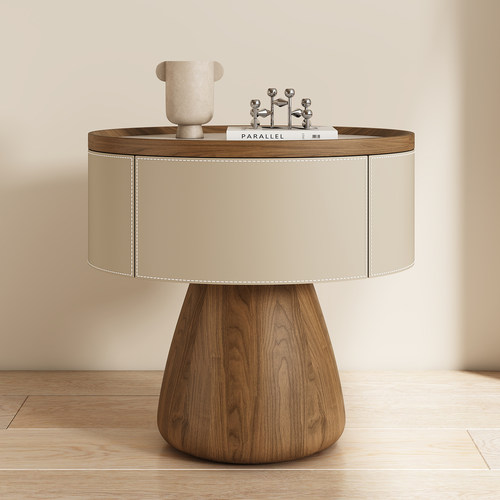 新款实木椭圆形马鞍皮床头柜