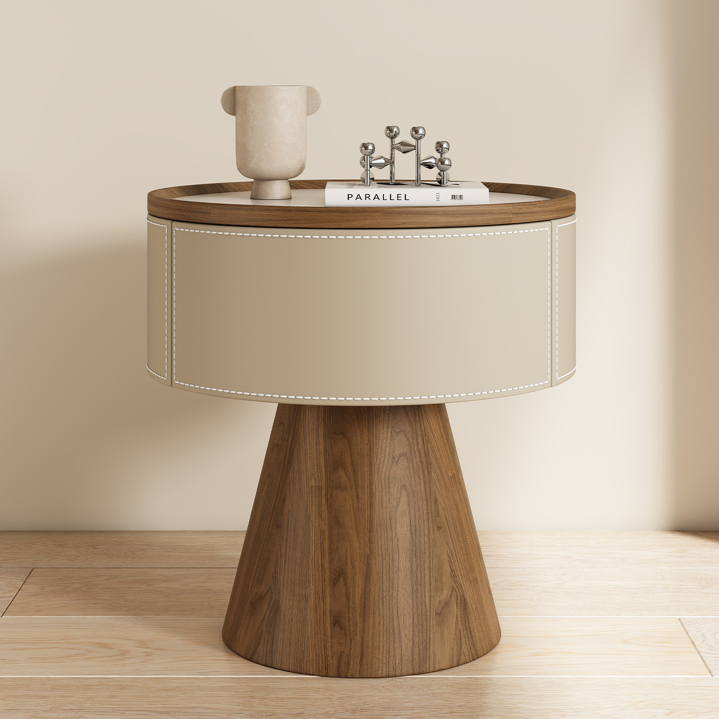 设计师新款实木马鞍皮床头柜中古风高级感简约现代家用床头置物架