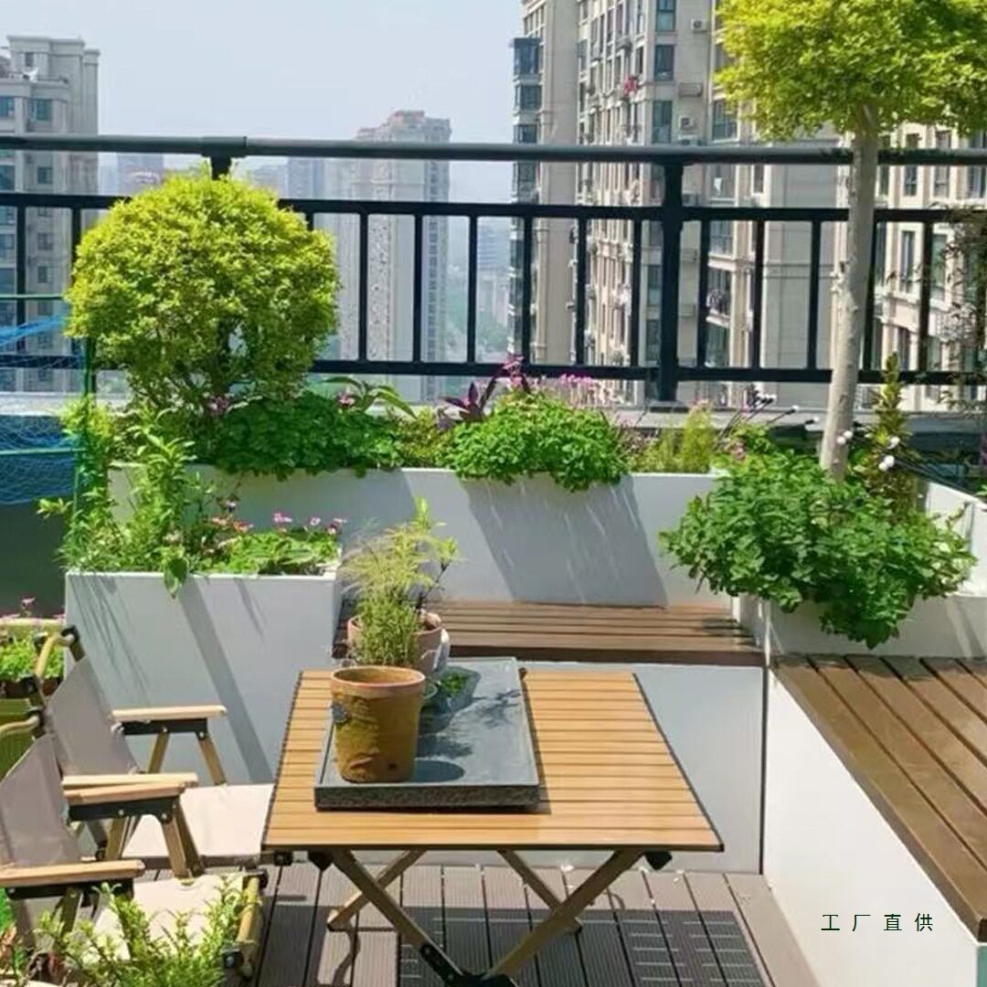 户外不锈钢花箱坐凳组合庭院花园露台室外塑木座椅凳发光景观花坛