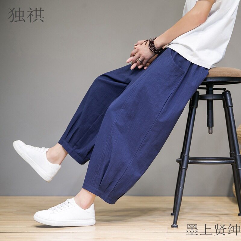 夏季亚麻九分裤子男士阔腿裤中国风日系大码哈伦萝卜裤棉麻灯笼裤