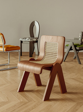 中古c椅家用餐椅实木藤编椅子休闲洽谈靠背椅法式复古餐桌椅