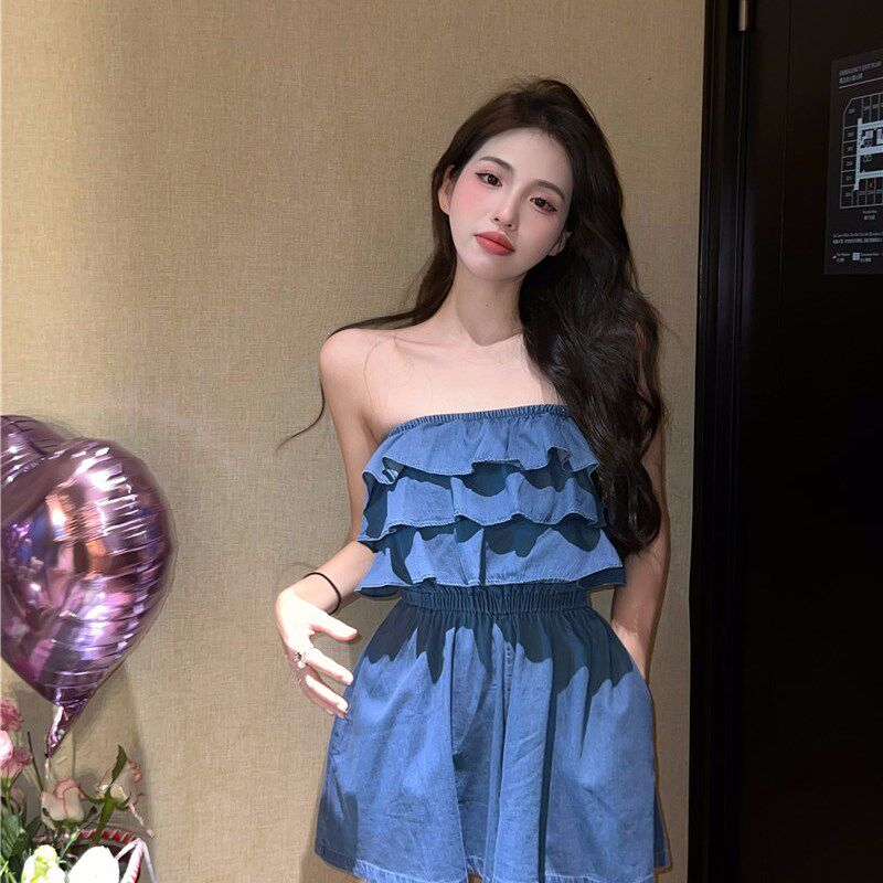 高货蓝色抹胸连体牛仔短裤夏季宽松辣妹荷叶边高腰复古直筒阔腿裤