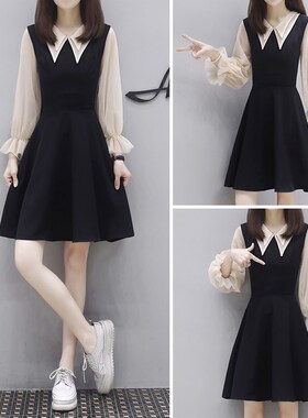 速发202衣春秋腰款时尚宽松大码黑色收新长袖连5裙