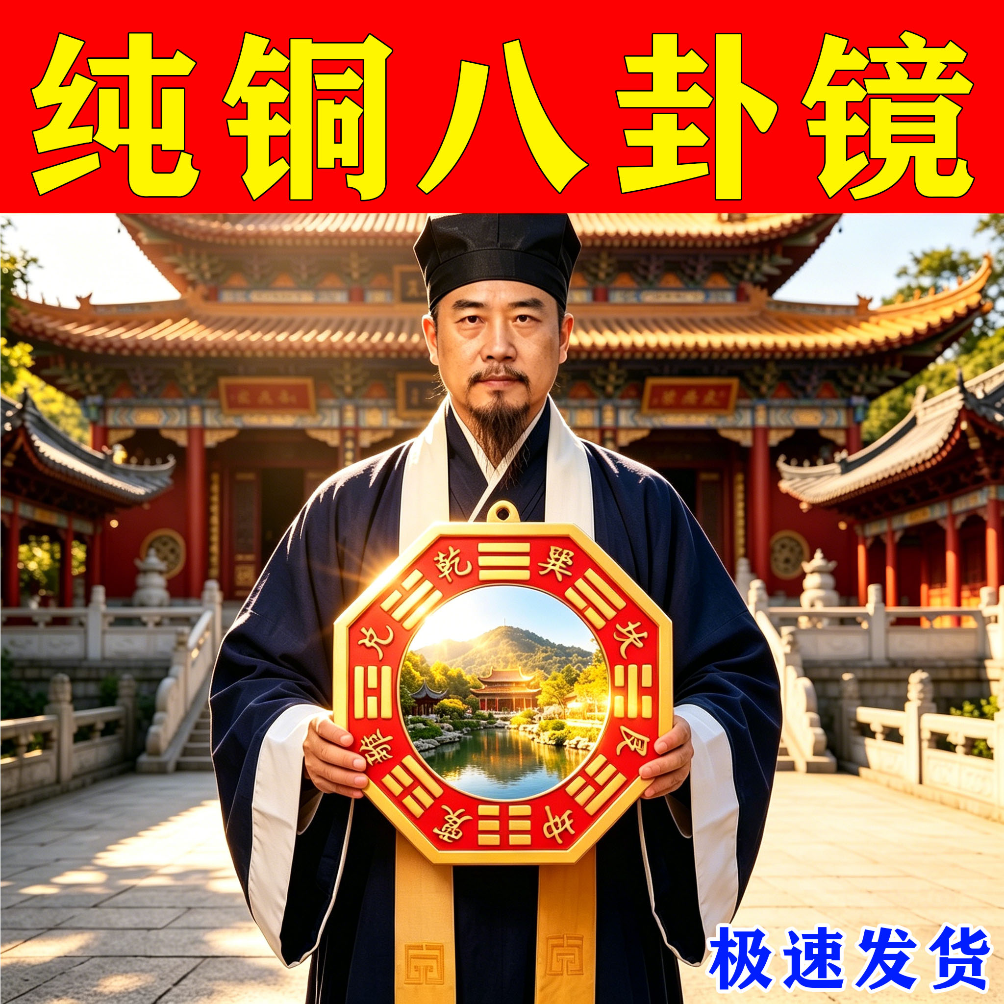 纯铜朱砂八卦镜八卦凸镜铜镜家用大门口凹镜太极镜马路尖角窗户