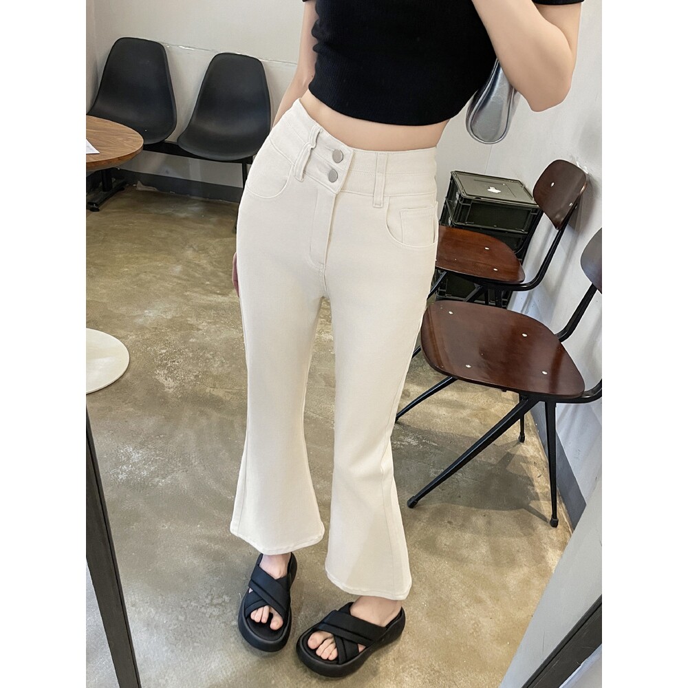 高腰白色九分微喇叭牛仔裤女春夏新款弹力修身八分小喇叭裤子女装