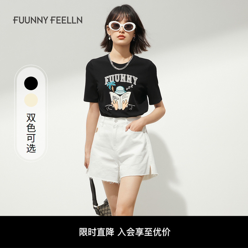 仿佛夏季休闲趣味卡通刺绣圆领短袖针织衫T恤薄伊力特面料