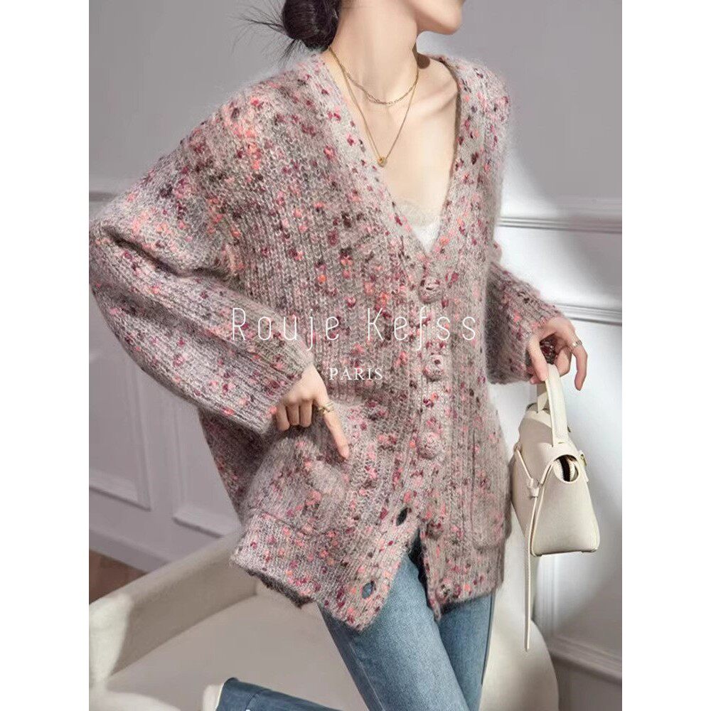 Rouje kefss法式慵懒风高级感毛衣外套女秋冬中长款包扣针织开衫