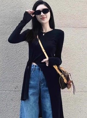 法式Rixo Kelly黑色不规则开叉修身外搭防晒罩衫上衣正肩长袖t恤