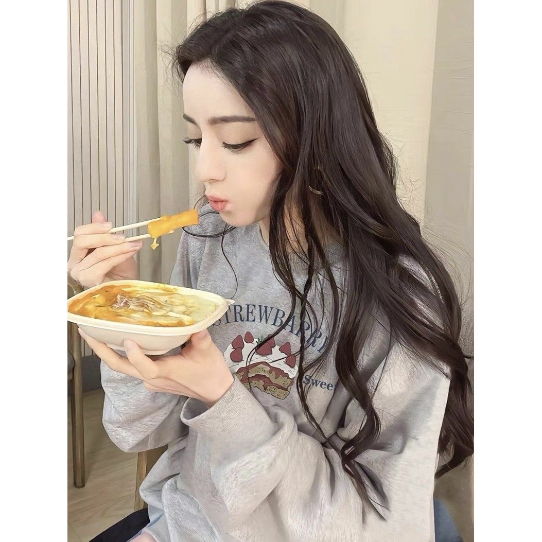 日本代购迪丽热巴同款灰色圆领卫衣女秋冬爆款宽松韩版慵懒风上衣