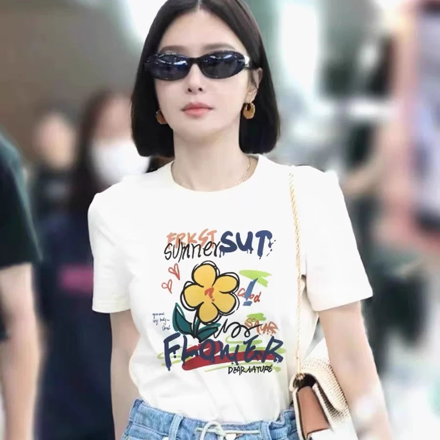 日本代购秦岚同款设计感小花T恤女2025夏季新款纯棉短袖圆领上衣